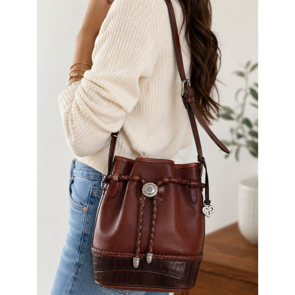 Brighton Vintage Leather Bucket Bag Brown Croc Trim Crossbody Shoulder Purse